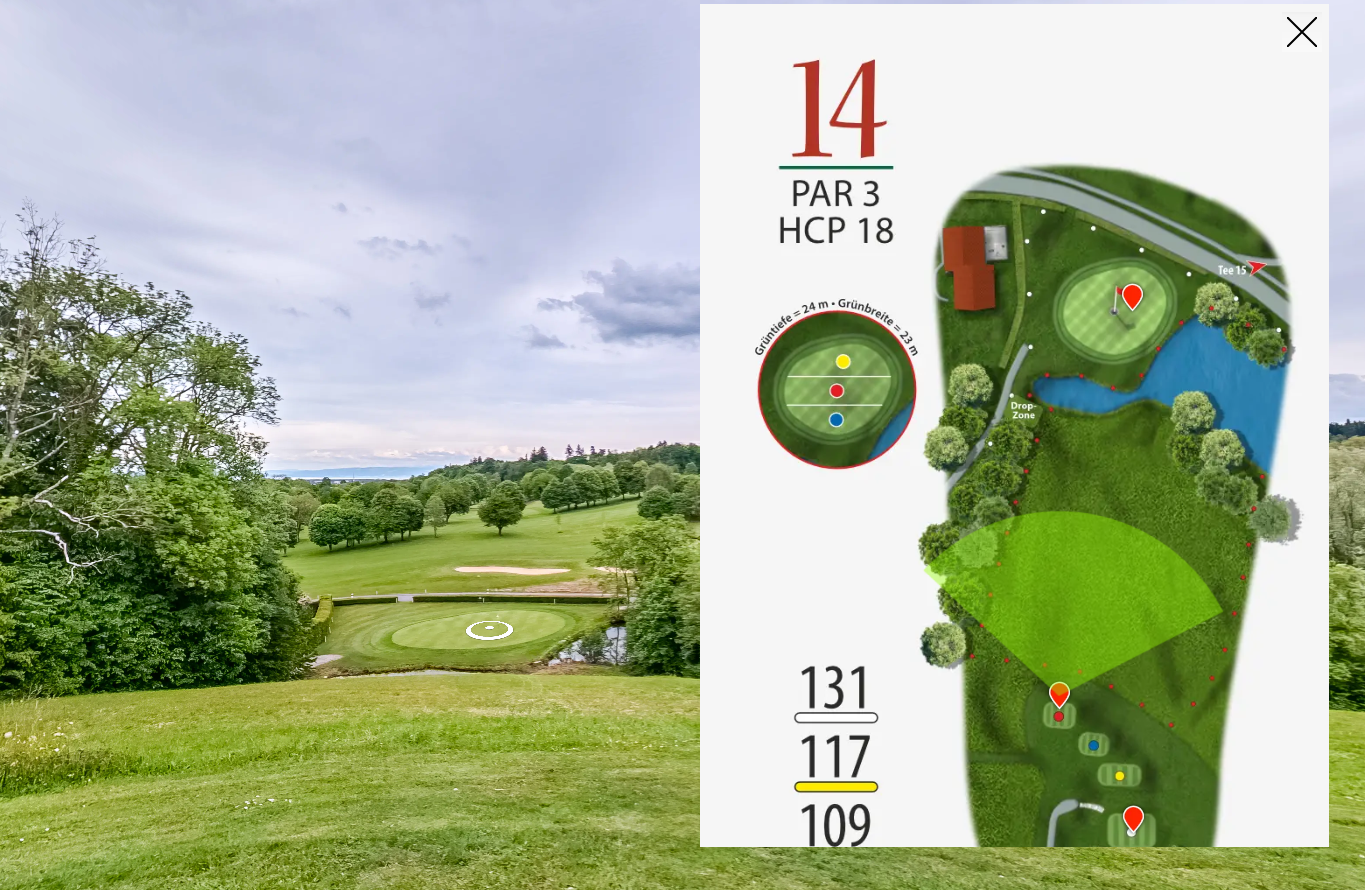 Radar-Navigation im virtuellen Golfplatz-Rundgang – Lochplan mit PAR, HCP und Distanzen